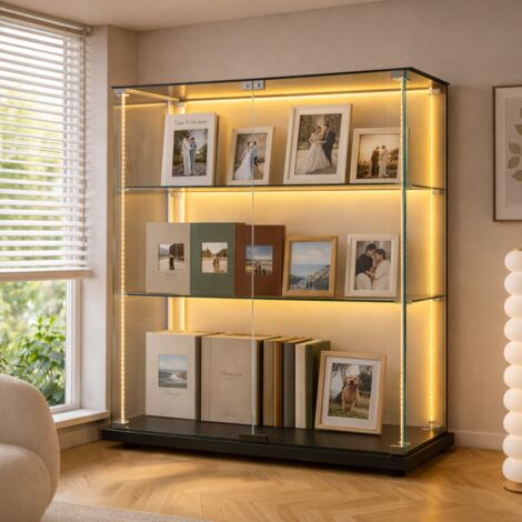 Vitrine verre trempé 78,5x35x123,3 cm, 3 étagères, double porte, éclairage LED, serrure de sécurité, base noir