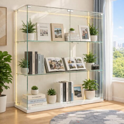 Vitrine verre trempé 78,5x35x123,3 cm, 3 étagères, double porte, éclairage LED, serrure de sécurité, base blanc