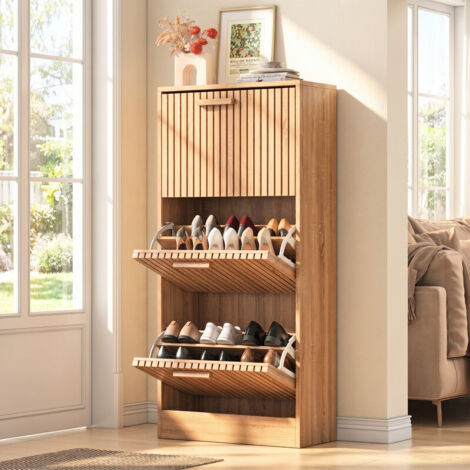 Meuble à chaussures 60x24x113 cm, 3 tiroirs rabattables, façade à lamelles, rangement pour 24 paires, bois naturel, design scandinave, pour entrée