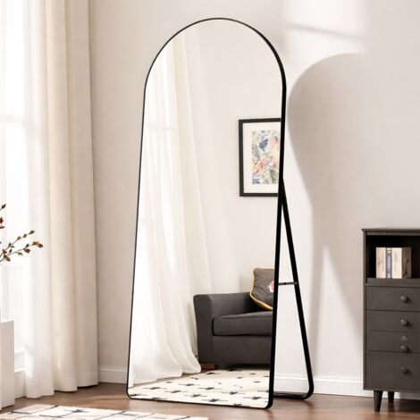 Miroir sur pied arqué 162 x 53 cm, cadre aluminium noir, verre 3 mm HD, support en U, miroir mural, pour chambre salon