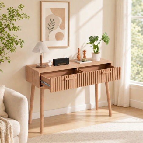 Table Console 100x35x80 cm avec 2 tiroirs à glissières, façade à lamelles poignées pieds en bois massif, design scandinave table d'entrée meuble déco pour hall maison