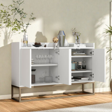 Buffet blanc 4 portes–Meuble d'appoint polyvalent 120 x 30 x 80 cm–Pieds dorés–Conception sans poignée–Scandinave–Pour salon,cuisine,salle à manger