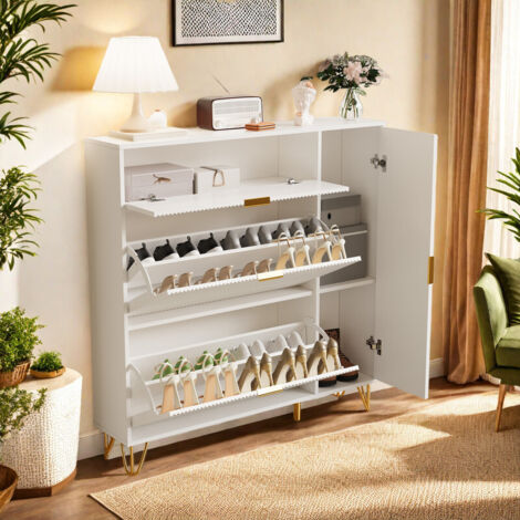 Meuble à chaussures 20 paires 3 portes–Armoire à Chaussures Commode à Chaussures 2 abattants–Poignées et pieds dorés–110 x 24 x 118.5 cm–Blanc