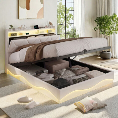 Lit double 160 x 200 - Lit coffre avec sommier lattes - Ports 2 USB et Type-C - Bande lumineuse LED - Velour beige - Tête de lit capitonnée avec rangement (1/5)