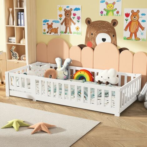 Lit simple enfant 90 x 200 cm - Blanc - Sommier et barrières de sécurité - En pin massif - Conception basse - Anti-chute - Peintures de sécurité