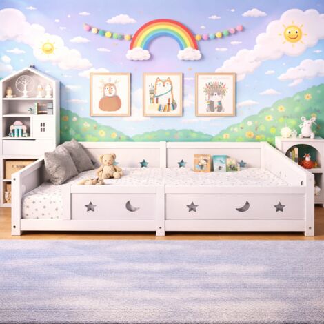 Lit enfant au sol 140x200 cm, barrière antichute étoiles et lunes, cadre en pin massif, sommier à lattes, blanc, design moderne