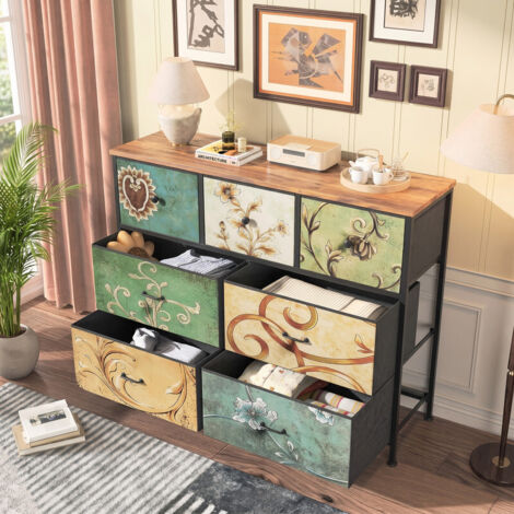 Commode 7 Tiroirs 100x30x78 cm, Meuble de Rangement en Tissu Cadre Métallique, Pieds Réglables Montage Facile, Buffet de Rangement Moderne pour Chambre Salle de Maison