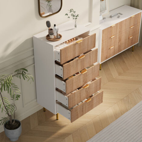Commode 5 tiroirs 60 cm, blanc et chêne clair, pieds dorés, meuble de rangement moderne, pour chambre, salon et entrée