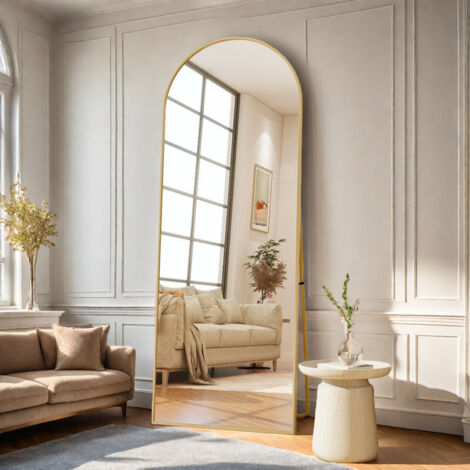 Miroir sur pied 177 x 77 - Miroir pleine longueur arqué - Grand miroir de dressing - Peut être fixé au mur - Cadre aluminium étroit - Doré moderne - Salon/Chambre (1/5)