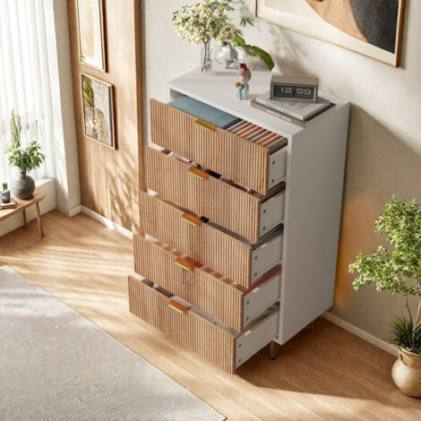 Buffet à 5 tiroirs 60 x 34 x 109.8 - Commode de chambre - Poignées et pieds en métal - Salon/cuisine/salle à manger - Style rustique - Marron + Blanc (1/5)