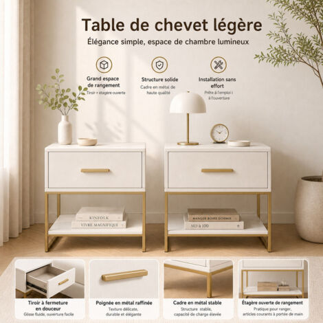 Lot de 2 Tables de Chevet LED 40x31x50 cm, Velours Beige, 1 Tiroir et Étagère Ouverte Rembourrée, Pieds Dorés
