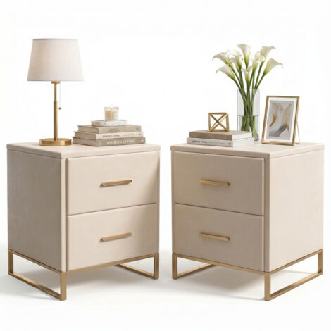 Lot de 2 tables de chevet velours beige 40x40x50 cm, 2 tiroirs, meuble de rangement avec pieds et poignées dorés, style scandinave