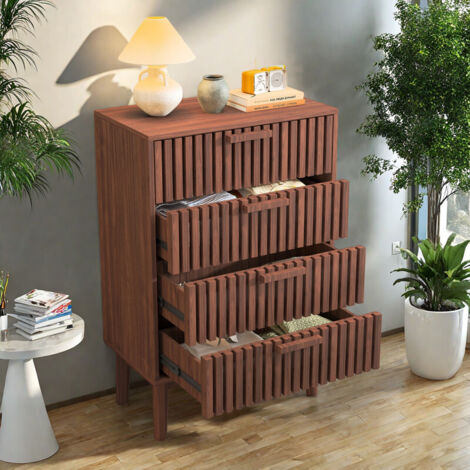 Commode 4 tiroirs 60 x 34 x 91 cm, en noyer, meuble de rangement pour chambre, façade rainurée, poignées en bois, pieds en bois massif, style moderne