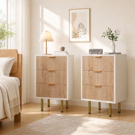 Lot de 2 Tables de Chevet 3 Tiroirs 40x40x65 cm, Meuble de Rangement Design Strié Bois et Blanc, Pieds Métal Doré Style Moderne, Table de Nuit Déco pour Chambre Intérieur Maison
