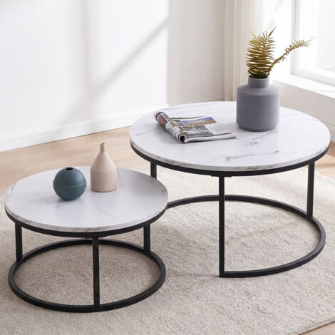 Lot de 2 tables basses rondes, plateau effet marbre blanc, structure métal noir, 80x45 cm et 60x33 cm, design moderne, pour salon