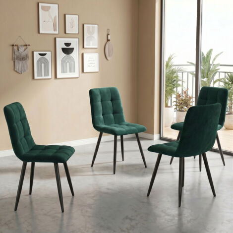 Lot de 4 chaises de salle à manger 86x46x44 cm, velours vert, capitonnées quadrillées, pieds métalliques noirs, design moderne