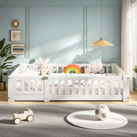 Lit enfant 120 x 200 cm–Sommier et barrières de sécurité–En pin massif–Conception basse–Anti-chute–Peintures de sécurité–Blanc