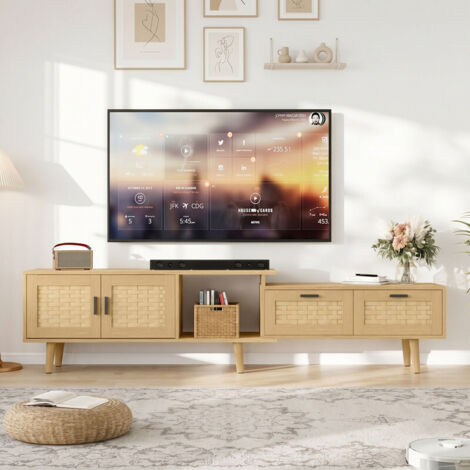 Meuble TV extensible 146-180x44x37.5 cm, aspect bois clair, portes et tiroirs avec motif tressé, pieds en bois, style scandinave, pour salon