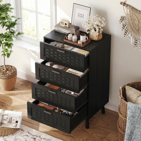 Commode 4 tiroirs 55x40x95 cm, tiroirs avec motif tressé, pieds en bois, style moderne, pour chambre, noir