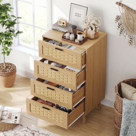 Commode 4 tiroirs 55x40x95 cm, aspect bois clair, tiroirs avec motif tressé, pieds en bois, style scandinave, pour chambre
