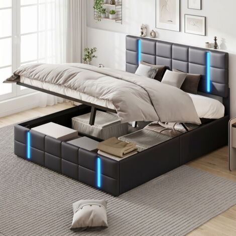 Lit coffre 140x200 cm, PU noir, tête de lit capitonnée, éclairage LED, port USB, rangement hydraulique, cadre métal, sommier à lattes, design moderne (1/5)