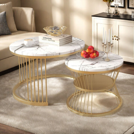 Lot de 2 tables basses gigognes marbre lisse–2 tables d'appoint rondes–Structure métallique–Design minimaliste et fonction de rangement–Doré
