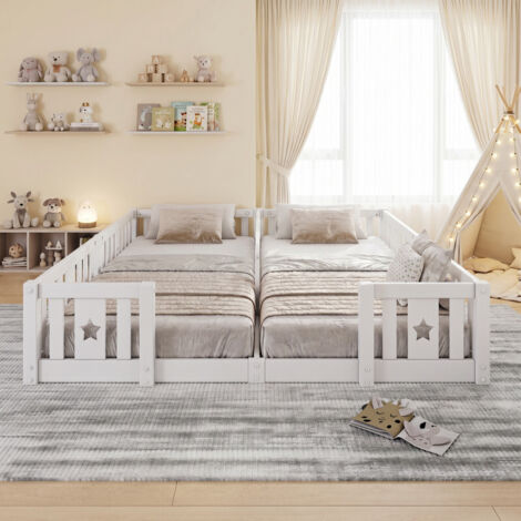 Lit double pour enfants 2x90x200 cm, lit au sol avec barrières de sécurité, cadre en bois sans sommier, étoiles décoratives, blanc, pour chambre d'enfant