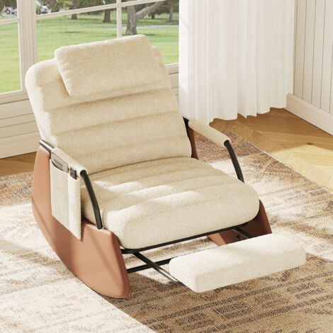 Fauteuil à bascule relax, dossier réglable 3 positions, tissu bouclette, repose-pieds télescopique, cadre simili cuir, pour salon et chambre