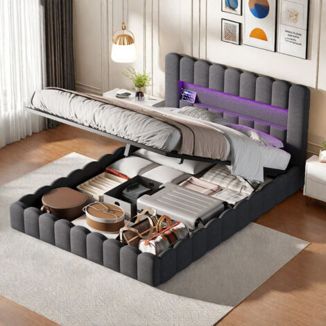 Lit adulte rembourré 180 x 200 avec bande lumineuse LED réglable–Lit double avec sommier à lattes–Tête de Lit à Rayures–Ports USB et Type-C–Lin gris (1/5)