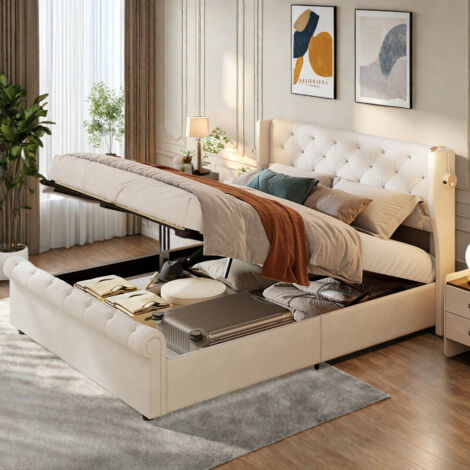 Lit coffre capitonné 160 x 200–Lit double pour adulte–Velour beige–Avec lampe de chevet et port USB–Rangement hydraulique–Style scandinave (1/5)