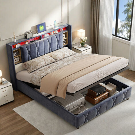Lit coffre avec sommier à lattes 160 x 200 - Lit adulte avec bande lumineuse LED - Tête de lit rembourrée à double rangement - Ports USB et Type-C - Velour gris (1/5)