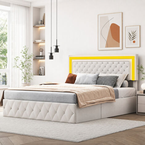 Lit coffre 160x200 cm avec LED, lit double rembourré en velours beige, rangement hydraulique, tête de lit capitonnée, sommier à lattes (1/5)