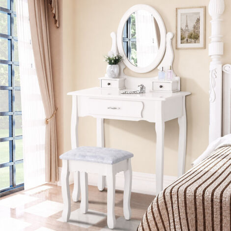 Coiffeuse blanche 75x40x136 cm, miroir ovale pivotant 360°, table de maquillage avec tabouret rembourré, 3 tiroirs, MDF et pin, design classique