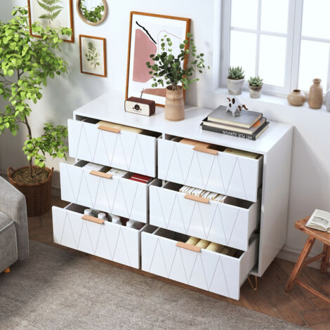 Commode blanche 100x34x72,5 cm, 6 tiroirs, meuble de rangement moderne avec façades géométriques, design moderne, poignées dorées, anti-basculement, pour salon et chambre