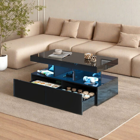 Table basse rectangulaire de salon avec 2 tiroirs et un espace de rangement–Table basse LED fixe 104 x 53 x 46 cm–Laque brillante–Noir–Style moderne (1/5)