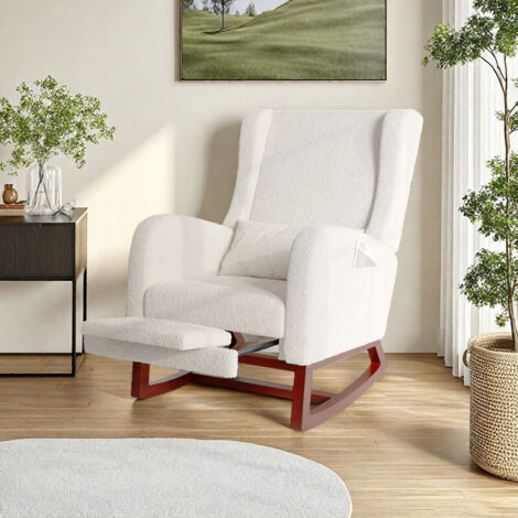 Fauteuil à bascule beige à dossier haut et accoudoirs–Mousse haute densité–Accoudoirs avec poches–repose-jambes réglable–Tissu Velour–132 x 67 x 99 cm–Style scandinave (1/5)