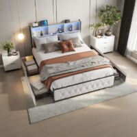 Lit double 160 x 200–Lit adulte 160 x 200 avec 4 tiroirs–Table de chevet avec étui souple et bande lumineuse LED–Interface USB et de type C–Velours–Beige