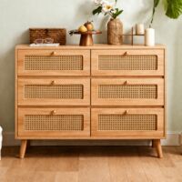 Commode 6 tiroirs en rotin 100 cm – Bois massif naturel – Tiroirs avec glissières – Boutons en métal – Système anti-basculement – Style scandinave