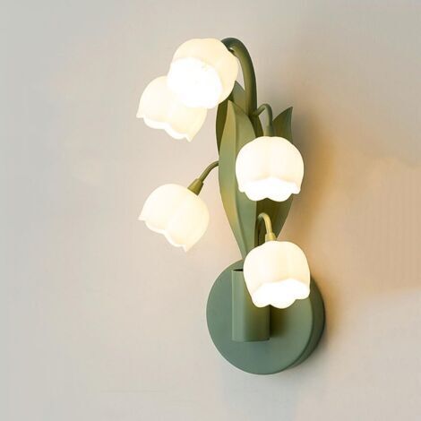 Applique murale à fleurs moderne, luminaire mural vert élégant, lampe murale de chevet en verre de lys créatif français pour chambre à coucher, cuisine, îlot, lampe murale décorative d'intérie (1/5)