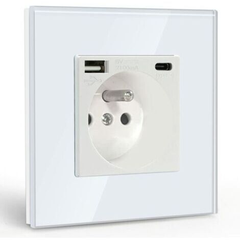 Prise Murale avec USB et 1 Type C,Blanc courant alternatif avec Panneau en verre cristal,Multiprise Murale avec USB(max2.1A),convient à la smartphone,à la tablette (1/4)