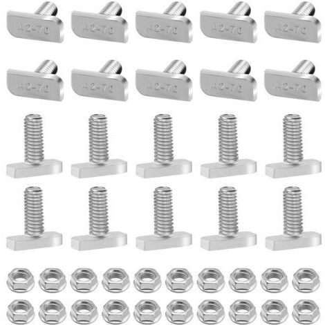 20pcs Hammer Head Screws M8x20 Stainless Steel A2-70 T Bolts with Locking Nuts for Photovoltaic Mounting Rails Solar Panel Brackets (1/5)