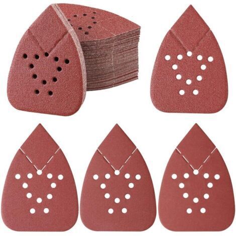 100 Pièces Feuilles Abrasives Pour Ponceuse, Papier Abrasif Triangulaire 140 x 95 mm 12 Trous Papier abrasif pour ponceuse Grain 40/80/120/240/400 pour le Travail du Bois, Métal