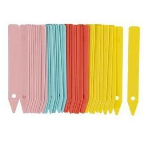 Étiquettes rigides en plastique pour plantes – Dimensions 10 cm – Lot de 40 étiquettes pré-perforées – Couleurs tendance bleu, jaune, rose, rouge (1/5)