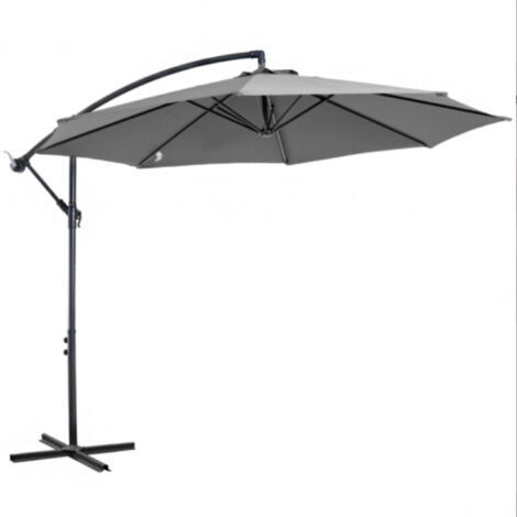 Parasol à manivelle, structure en acier et toile en polyester, gris, Ø 2,95 x 2,45 m, pour jardin, terrasse, balcon (1/4)