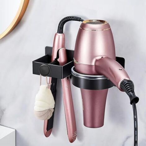 CSPARKV 21x6x5cm Support Seche Cheveux, Porte Seche Cheveux et Lisseur pour Salle de Bains/Chambre à Coucher/Hôtel, Porte Seche Cheveux sans Perçage a Adhésif/Vis, Support Seche Cheveux Mural, Porte S
