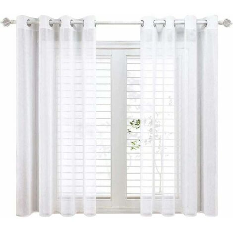 Lot de 2 Rideau Voilage Blanc 140x160cm en Effet Lin Imatation A Oeillets Rideaux Voilage Decoration Chambre Court Voilages intérieurs pour Chambre Enfant Petite fenêtre Cuisine (1/5)