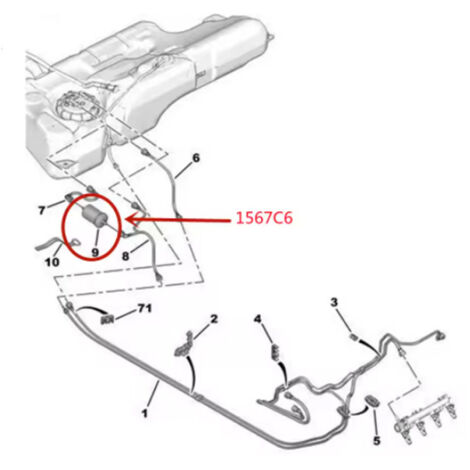 Le filtre à carburant 1567C6 est compatible avec les véhicules Peugeot Citroën. Il est doté d'un boîtier en plastique et d'un filtre en papier intégré permettant de retenir les impuretés de l'essence. (1/4)