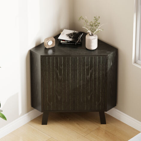 Buffet D’angle Industriel Compact, 3 Niveaux, Portes Rainurées et Étagère Réglable, Forme Triangulaire, Pour Salon, Chambre, Noir