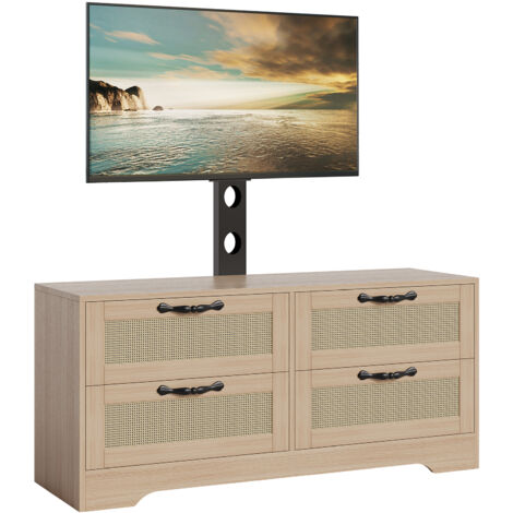 Buffet 4 Tiroirs Style Farmhouse, Meuble TV Support Jusqu'à 70", Portes Rotin, Structure en Bois Naturel, Commode Rangement, Marron (1/5)