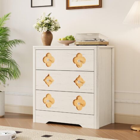 Commode De Chambre, Meuble De Rangement, Meuble TV, Commode à 3 Tiroir à Cannage Bohème, Rangement Élégant pour Chambre, Salon ou Entrée, Blanc (1/5)